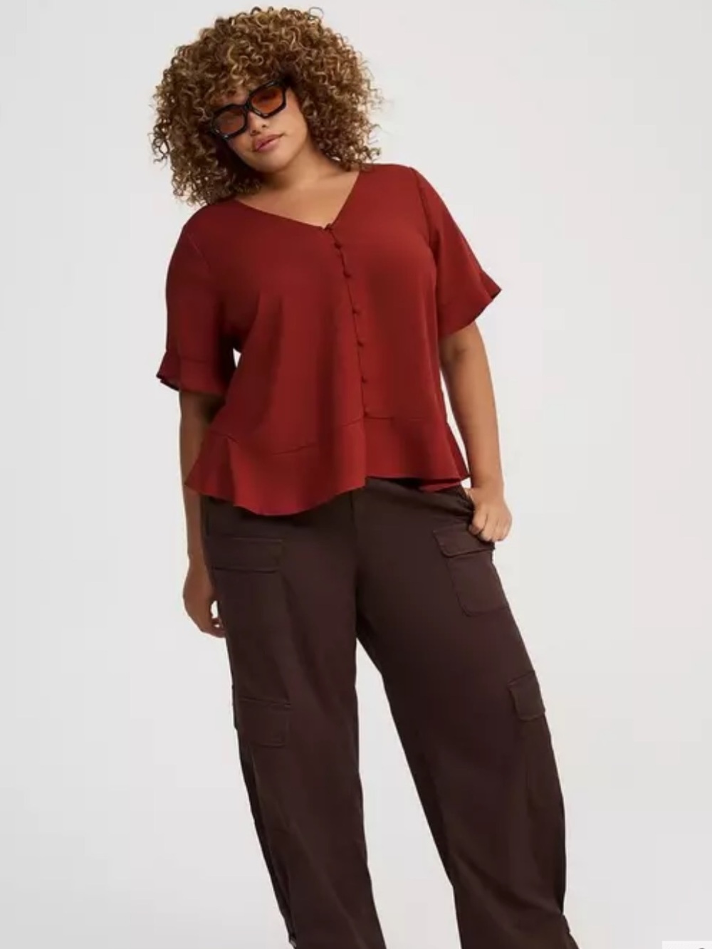 NWT Torrid Fired Brick Ruffle Sleeve Button Front Challis V-Neck Ruffle Top 2X